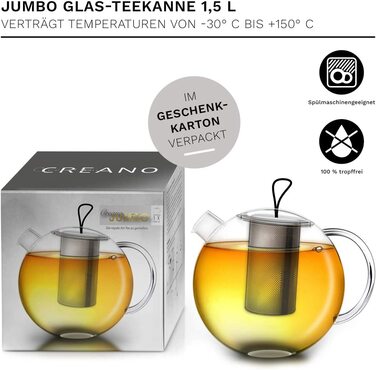 Скляний чайник Creano 1,5 л Jumbo з нержавіючою підставкою, 3-в-1: знімне сито з нержавіючої сталі, скляна кришка, для заварювання листового чаю, не капає