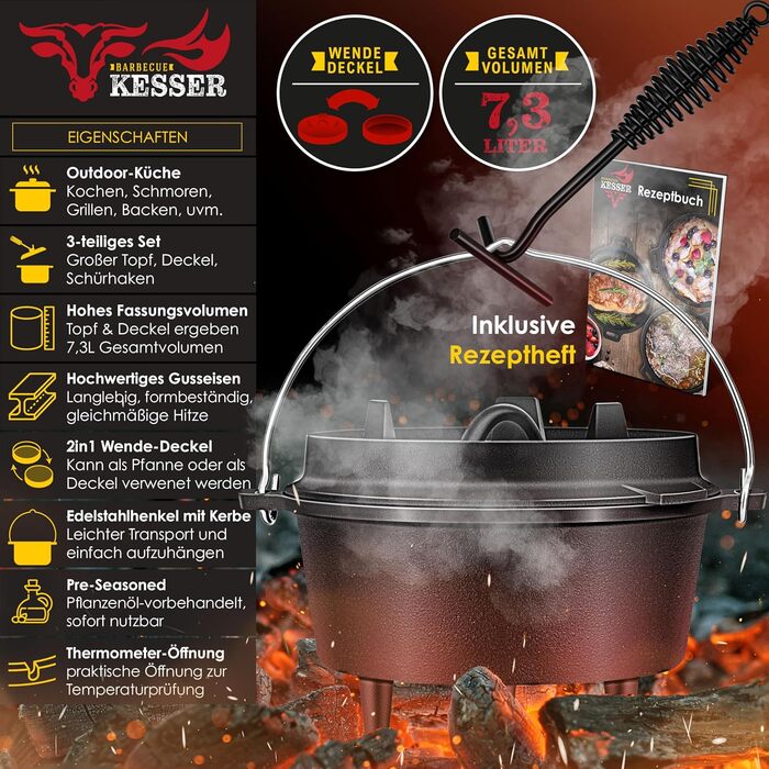 Чавунний казан KESSER Dutch Oven 7,3 л з підставкою з нержавіючої сталі та піднімачем кришки, універсальний котел для гриля, BBQ та приготування страв на відкритому повітрі та вдома