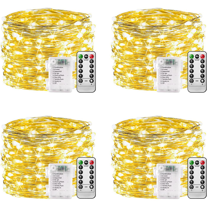 Ланцюжок прикрас з LED-лампочками, 100 LED, 10 м, 8 режимів, пульт дистанційного керування, таймер, теплий білий, диммування, акумуляторний, водонепроникний, для святкування Різдва