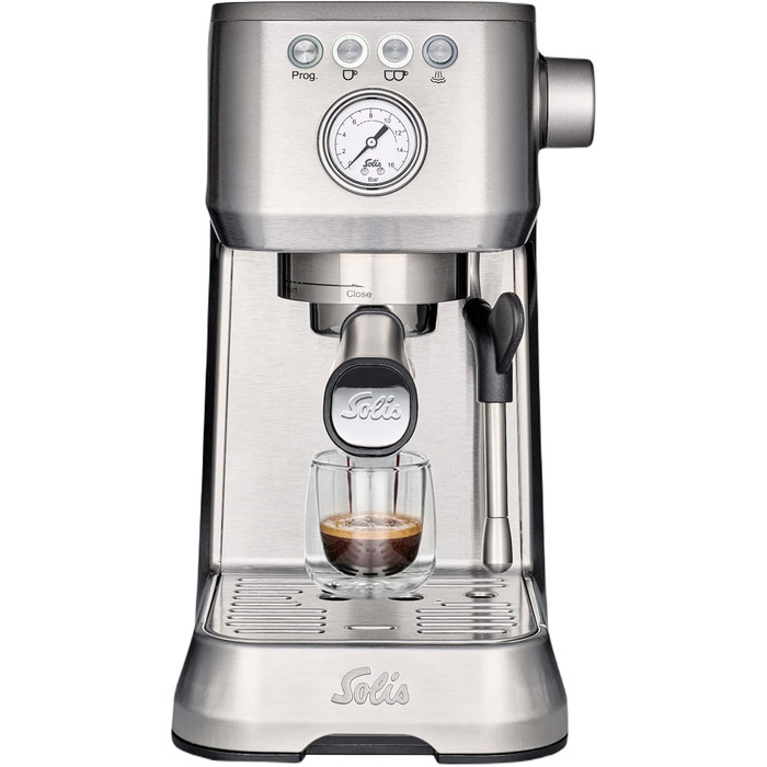 Кавомашина Solis Barista Perfetta Plus V2, напівавтоматична, з капучинатором, програмована, знімний резервуар для води, функції гарячої води та пари, срібляста
