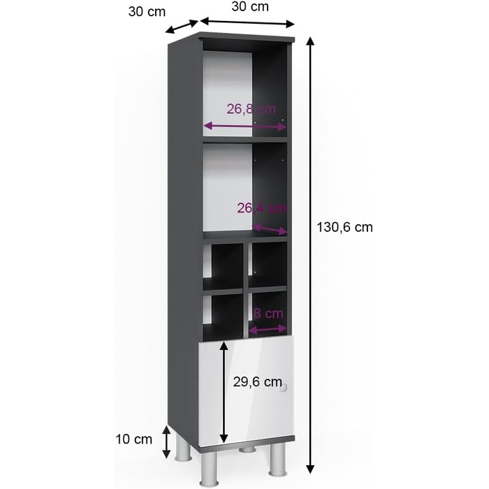 Пенал для ванної Vicco Fynn, білий глянець/антрацит, 30x130.6 см, мала дверцята