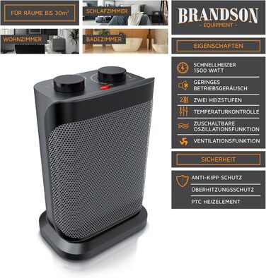 Керамічний обігрівач Brandson для ванної, енергозберігаючий, безшумний, з терморегулятором і термозахистом, 2 режими потужності