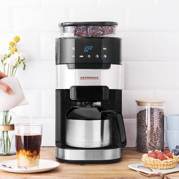 Кавоварка GASTROBACK Grind & Brew Pro Thermo, срібляста, чорна, з млином, термос, автоматична