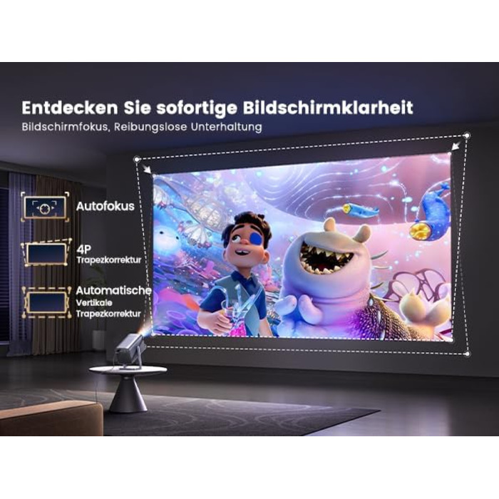Smart-проектор Mini Beamer 4K Full HD 1080P, 600 ANSI люмен, автофокус, автокорекція трапецієподібних викривлень, WiFi 6, Bluetooth, 360° поворот, короткофокусний, сріблястий