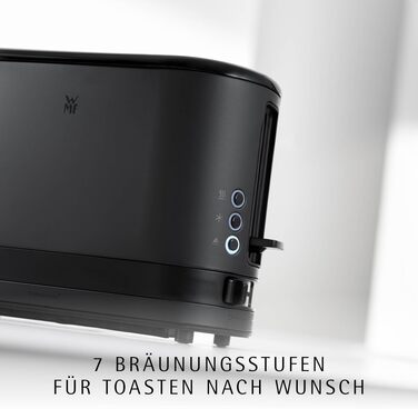 Тостер WMF Küchenminis для 1 тосту XXL, з підставкою для булочок, розморожування, 7 рівнів підсмажування, 600 Вт, нержавіюча сталь, чорний матовий