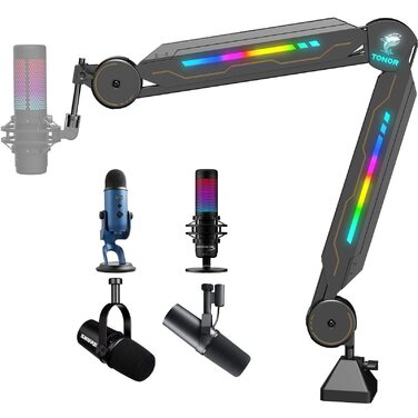 Мікрофон геймерський TONOR з RGB підсвіткою та тримачем - регульований мікрофонний кронштейн T90 з 11 ефектами для стрімінгу