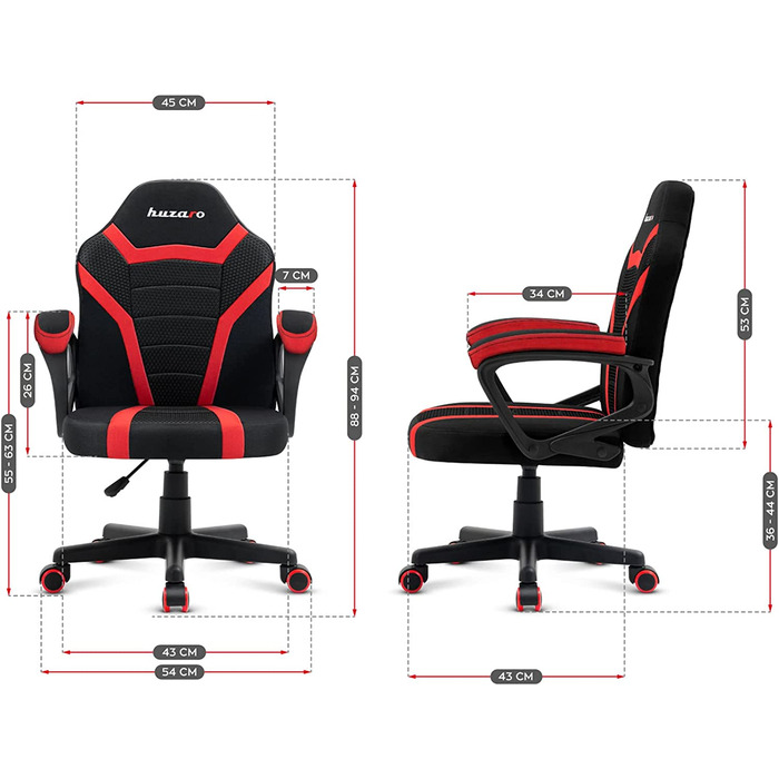Дитяче ігрове крісло Huzaro Ranger 1.0, ергономічне, сучасний дизайн, з підлокітниками, регулюванням висоти, гумові колеса, червоне, сітка