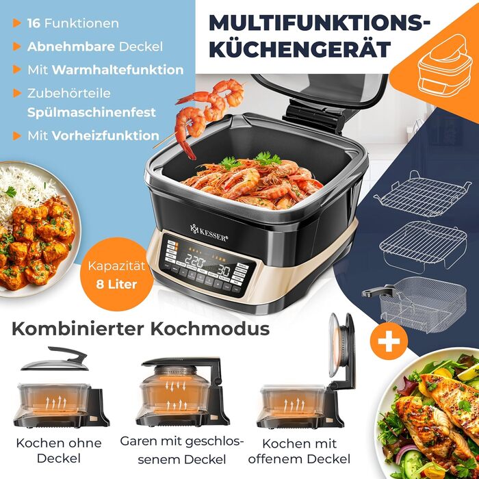Мультиварка KESSER® 8 л з фритюрницею, 16 програм, для приготування на грилі, випікання, тушкування, варіння на пару, функція підігріву та приготування рису, повільне приготування, йогурт (Champagne)