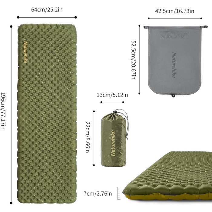 Naturehike ультралегка самонадувна ізомат для кемпінгу 3,8 R, міцний надувний туристичний килимок для походів, альпінізму, рюкзингових подорожей, прямокутна, зелена, розмір L