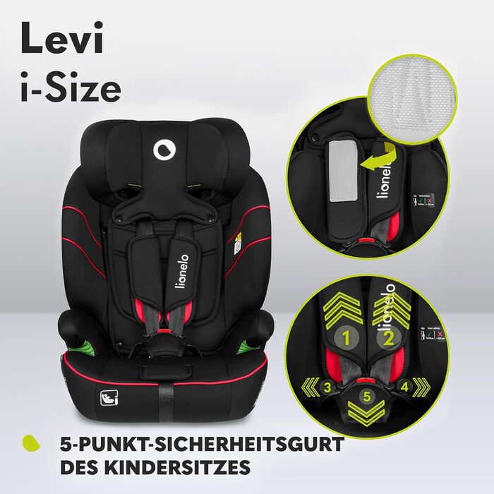 Автокрісло Lionelo Levi i-Size 76–150см, група 1/2/3, R129, чорне