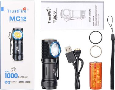 Ліхтарик TrustFire MC12 Mini LED, 1000 Люмен, акумулятор 16340, магнітна USB зарядка, без налобного ременя, чорний