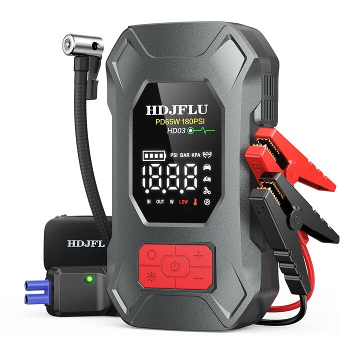 Пусковий пристрій Jump Starter 7500A з компресором 180 PSI та Powerbank 24000mAh для бензинових та дизельних авто (до 10.0L), PD65W, LED-дисплей