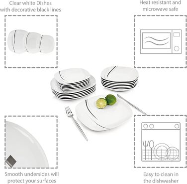 SÄNGER Bilgola Black Lines – набір столового посуду з порцеляни, 18 предметів, для 6 персон, квадратні тарілки, преміум колекція