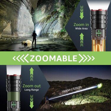 Потужний тактичний LED ліхтар 1 000 000 Люмен, акумуляторний з функцією зуму, 11 режимів світла, водонепроникний ліхтар для кемпінгу та outdoor (чорний)