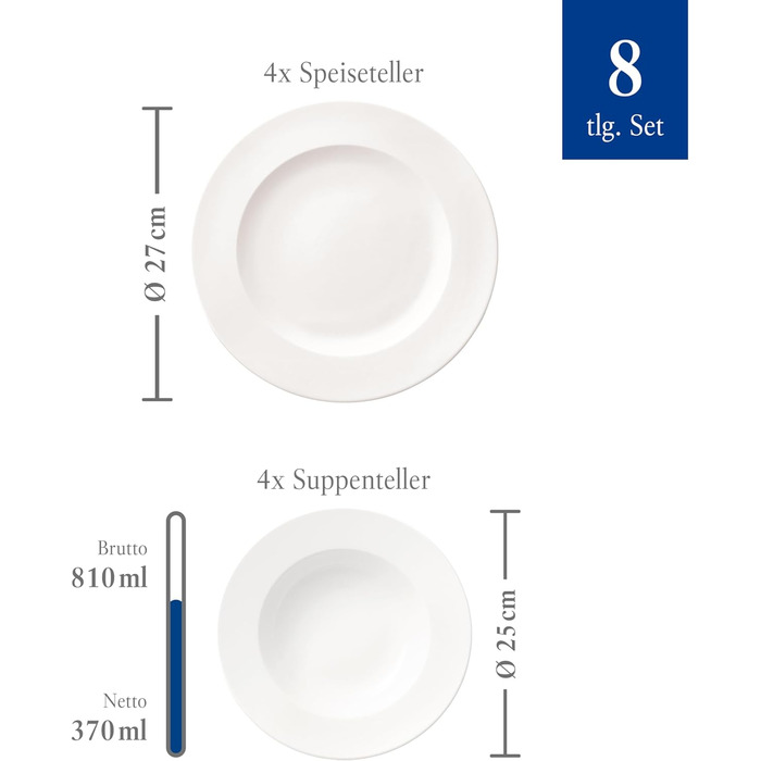 Набір посуду Villeroy & Boch For Me 8 предметів, білий, з преміум порцеляни, для сервірування, з обідніми та суповими тарілками, підходить для посудомийної машини та мікрохвильової печі