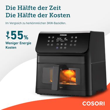 Фритюрниця повітряна COSORI Clear Blaze XXL 6,2 л, 12-в-1, з оглядовим вікном, Shake-Reminder, 80 рецептів, енергозберігаюча, чорна