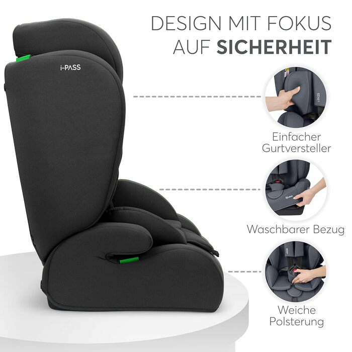 Автокрісло KikkaBoo i-PASS 9-36 кг, i-Size, 76-150 см, Чорне - для дітей від 1 року до 12 років