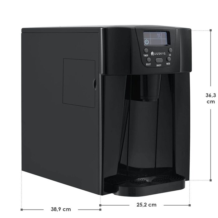 Льодогенератор Juskys PIM200L з прямим дозатором та таймером, чорний, до 12 кг/добу, 2 розміри кубиків, 2 л резервуар, лід за 6-10 хвилин