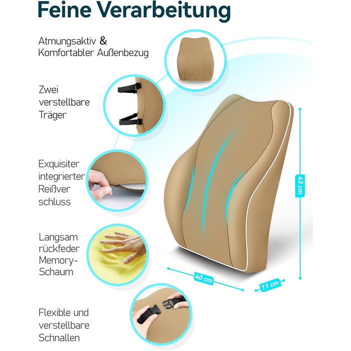 Ергономічна подушка для спини з піни Memory Foam Travel Ease, ортопедичне лемденне сидіння для офісного та комп'ютерного стільця, антистатичний гіпоалергенний чохол, для комфортної постави, колір хакі