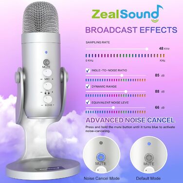 Zealsound USB мікрофон K66 сріблястий для подкастів, ПК, смартфонів, PS4/5, з шумозаглушенням, кнопками вимкнення/ехо/гучності, для ігор, запису, стрімінгу, YouTube, сумісний з Mac, Windows, Android