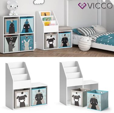 Дитяча книжкова полиця Vicco Luigi, біла, 72x79 см, з 2 складними коробками з малюнком песика та котика
