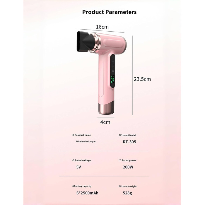 Портативний бездротовий фен для волосся Bewinner Pro Akku, 200 Вт, 15000 мА·год, 3 швидкості та температури, цифровий дисплей, для жінок, кемпінгу, білий