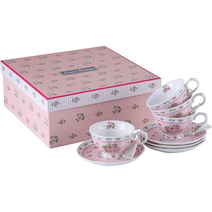 Чашка та блюдце з порцеляни Shabby Chic Vintage з птахом, метеликом і квітами у подарунковій коробці (рожевий колір)