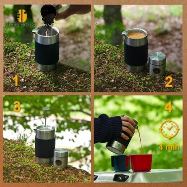 Handpresso Тревел-прес з чохлом, 0,35 л, французький прес із нержавіючої сталі, подвійні стінки, термокружка для кави, компактна для подорожей і кемпінгу