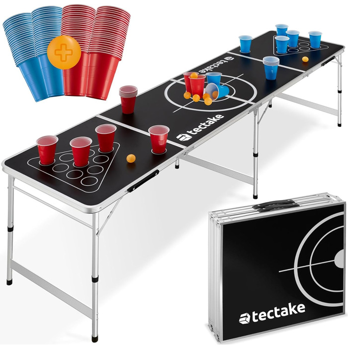 Стіл для Beer Pong tectake, складаний, висота регулюється, з ручками, набір 100 стаканів (50 червоних, 50 синіх) та 6 м'ячів, ігровий стіл для вечірок, пивний понг для дорослих