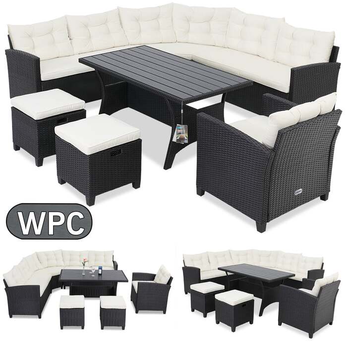 Polyrattan Corner Lounge чорний/кремовий з подушкою