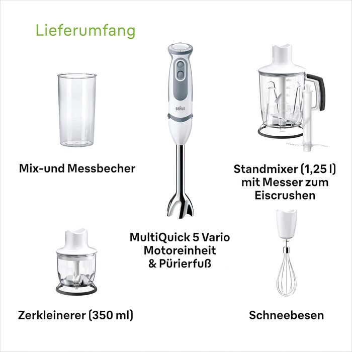 Блендер Braun MultiQuick 5 Vario MQ 5245WH, 1000 Вт, нержавіюча сталь, ручний, 4 насадки, білий/сірий