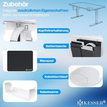 Електричний підйомний стіл KESSER для роботи та навчання, ергономічний стіл для роботи стоячи та сидячи з 3-ма режимами пам'яті, USB-портом та колесами 360°, білий, 140 x 70 см