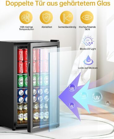 Міні-холодильник для напоїв WIE на 86 літрів з glass-дверима, LED-підсвіткою та низьким рівнем шуму, чорний (на 68 бляшанок) — для офісу, бару та кімнати