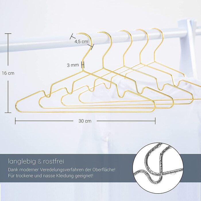 ROW&LINE® Дитячі вішалки для одягу 30 см, 20 шт, металеві, золоті, міцні, компактні, для дитячого гардеробу