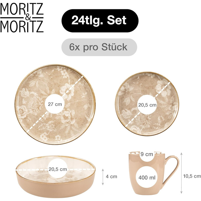 Набір посуду Moritz & Moritz MARIELLA 24 предмети для 6 осіб - керамічний сервіс бежевого кольору з сучасним дизайном, тарілки, миски, чашки