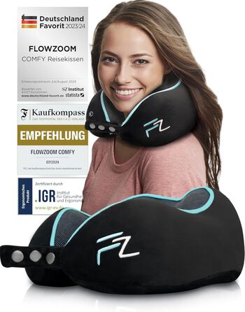 Подушка для шиї FlowZoom Comfy: регульована, з memory foam, для авто та літака - 360° підтримка, дихаючий чохол, чорна