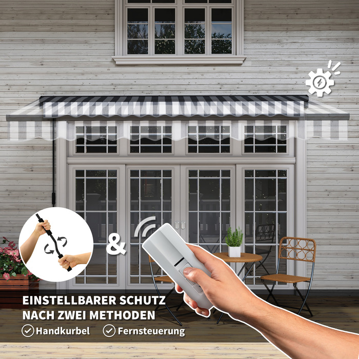 Електричний балконний тент Outsunny Folding Arm 395 x 250 см Захист від сонця із захистом від ультрафіолету, ручна рукоятка, регульована касетна маркіза з дистанційним керуванням, сірий+білий