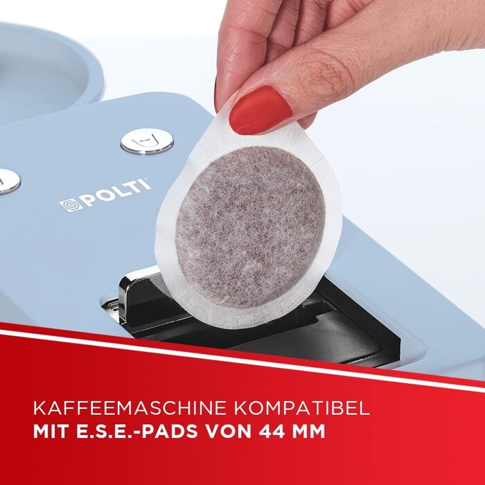 POLTI Coffea S15W: Еспресо-машина з сумісністю з E.S.E. Pads 44 мм, об'єм бака 0,85 л, тиск помпи 19 Bar, білий (світло-блакитний) колір