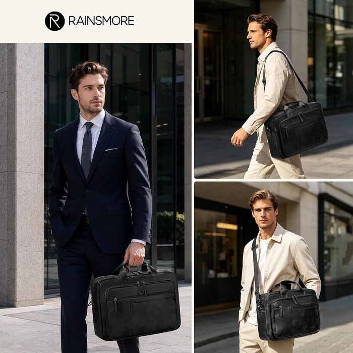 Чоловіча ділова сумка-портфель RAINSMORE Vintage з екошкіри для ноутбука 16 дюймів, чорна