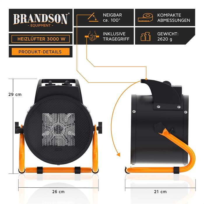Керамічний електрообігрівач Brandson 3000 Вт з турбовентилятором, захистом від перегріву, для будівництва, дому, гаража та майстерні, сушарка повітря