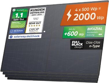 Двобічна сонячна панель Solarway 500W Full Black n-type Glas-Glas для балкона (набір 4 шт), позитивна толерантність потужності