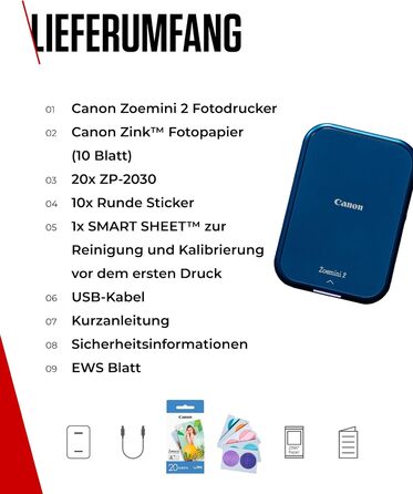 Canon Zoemini 2 Marineblau: Міні-принтер для фотографій, мобільний, компактний, з вбудованим акумулятором. Друкує фото 5x7,6 см зі смартфону/планшету. У комплекті: 20 шт. Zink паперу та 10 шт. круглих наліпок.