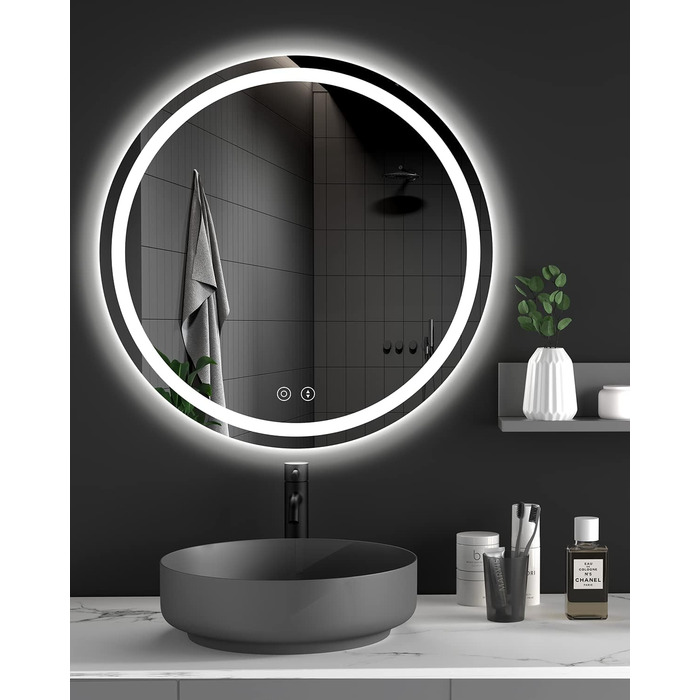 Дзеркало для ванної кімнати Dripex круглої форми з підсвічуванням LED, сенсорне керування, регулювання яскравості, 3 кольори світла, антизапарник, 50x50 см