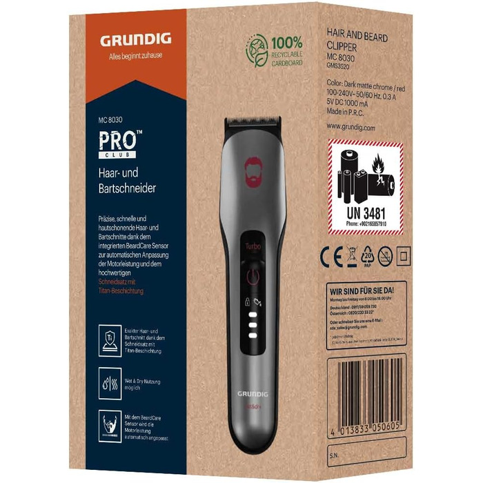 Машинка для стрижки волосся та бороди GRUNDIG ProClub MC 8030 з сенсором BeardCare, титановими лезами, 2 насадками, довгий час роботи, для вологого та сухого використання, темно-матовий хром/червоний