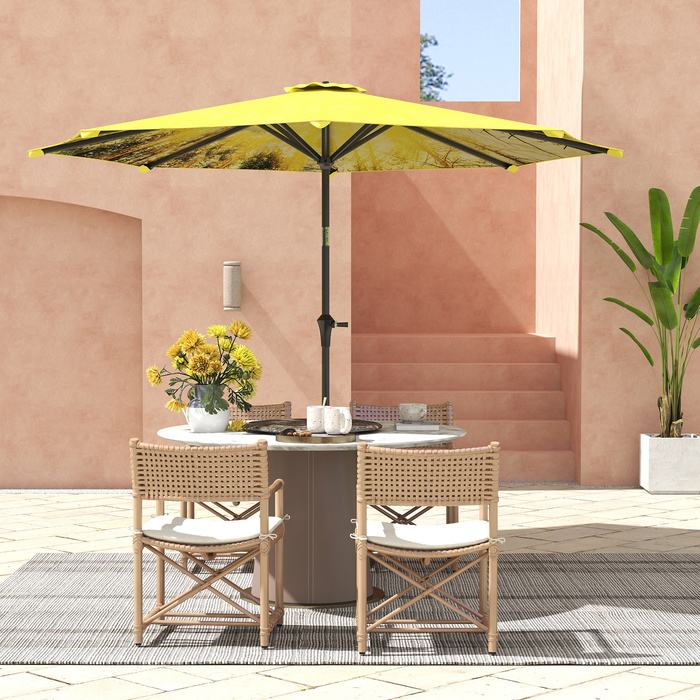 Outsunny Parasol Ø300 см, Парасолька з ручною рукояткою, візерунок, восьмикутний балкон Парасолька Пляжна парасолька Вітрозахисна стайня Ринкова парасолька Парасолька Сонцезахисний козирок для пляжу Балкон Патіо Сад, жовтий