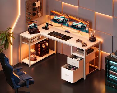 Кутовий письмовий стіл Coleshome з 2 шухлядами та полицею, 140x80 см, білий. Ігровий стіл для дому та офісу з розеткою