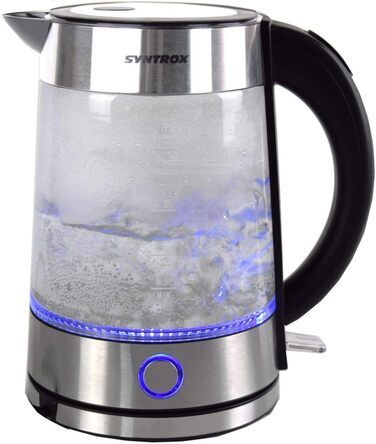 Електрочайник Syntrox Germany WK-2000W, 1.7 л, 2000 Вт, нержавіюча сталь, скляний, бездротовий, з синім LED підсвічуванням