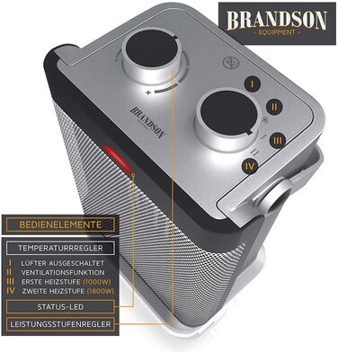 Тепловий обдув Brandson: електричний обігрівач з осциляцією, 1800 Вт, 2 рівні потужності, регулювання температури та захистом від перегріву