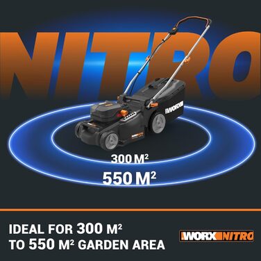 WORX WG749E акумуляторний газонокосарка 40V PowerShare з приводом на колеса, безщітковий двигун, ширина косіння 46 см, 7 положень висоти, з акумулятором та зарядним пристроєм, чорний (WG737E Nitro 40V 37 см)