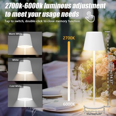 Aipsun Комплект з 2 бездротових LED настільних ламп, акумулятор 6000 мАг, димування, сенсорне керування, захист IP54, для ресторану, спальні, бару, білий, тепле та холодне світло (2700K-6000K)